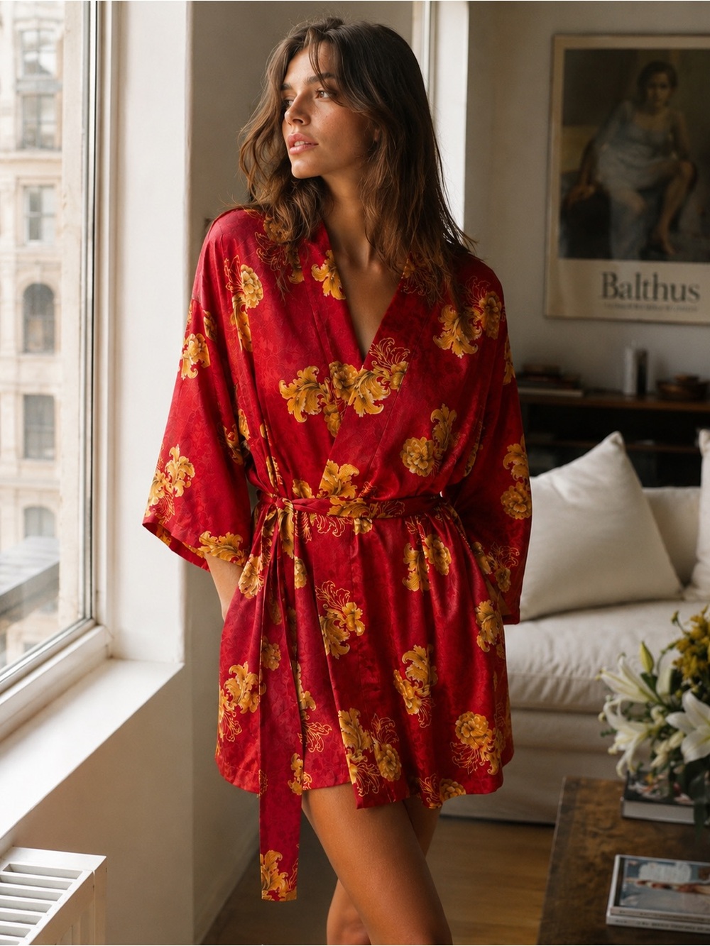 Vintage 90s Victoria’s Secret Gold Label Red Baroque Floral Satin Feel Wrap Robe